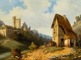 a painting of a house with a thatched roof on a hill