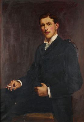 tableau représentant un homme en costume, assis sur une chaise, tenant une cigarette