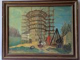 an oil painting of a building under construction with a man on a scaffold