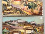 deux tableaux représentant un paysage avec des maisons et des arbres