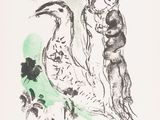 un dessin représentant une femme et un oiseau dans un champ