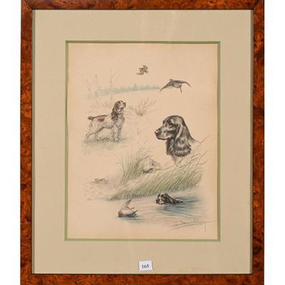 une image représentant un dessin de deux chiens et d'un oiseau dans un champ
