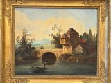 an old painting of a boat on a river with a bridge in the background