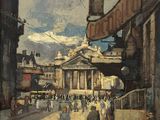 une peinture d'une rue de la ville avec des gens qui marchent dessus