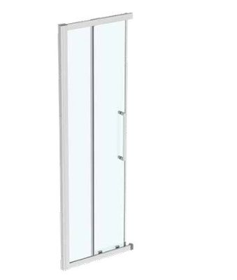 a close up of a glass shower door on a white background