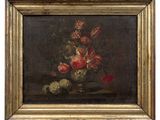 an old painting of flowers in a vase on a table