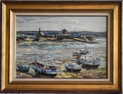 a painting of boats on the shore by a brick wall