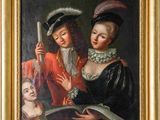 tableau représentant deux femmes en train de lire un livre et un chat qui les regarde