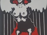 an image of a painting of a woman with wings on a red and black background