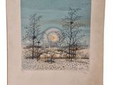un tableau représentant un paysage enneigé avec des arbres et une pleine lune