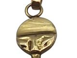 a close up of a gold pendant on a white background