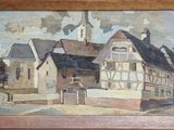 a picture of a painting of a town with a church in the background
