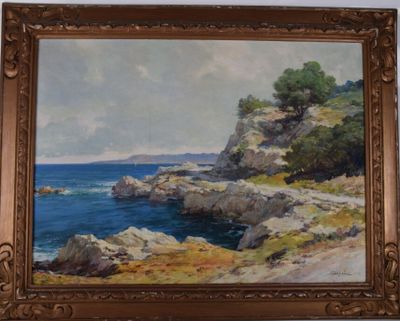 une peinture à l'huile représentant une côte rocheuse avec une falaise en arrière-plan