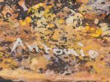 a painting of a pizza on a table with a name written on it