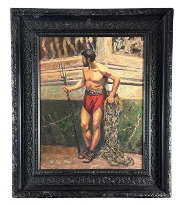 une peinture à l'huile représentant un homme tenant un filet de pêche et se tenant debout devant un bateau