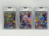 three different pokemon trading cards in plastic cases on a white surface