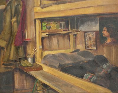 un tableau représentant un homme endormi dans un lit, dans une chambre