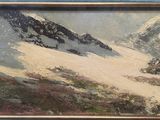 a picture of a painting of a mountain with a person on it