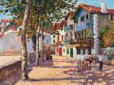 painting of a street scene with a horse drawn carriage on the side of the road