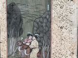 painting of a man and a woman sitting on a horse in a field