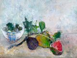 a painting of a painting of a bowl of fruit on a table