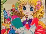 cartoon picture of a young girl in a pink dress holding a book