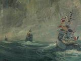 a painting of a boat in the middle of a body of water