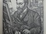 an old black and white drawing of a man sitting in front of a easel