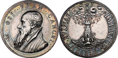 a close up of a coin with an image of a man holding a cross