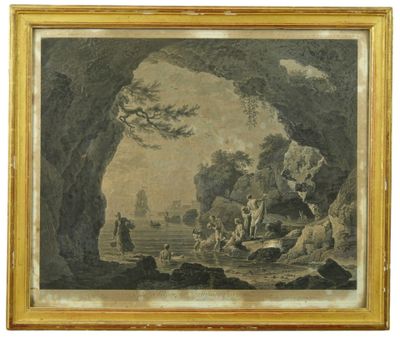 une peinture représentant une grotte avec des personnes et des animaux à l'intérieur