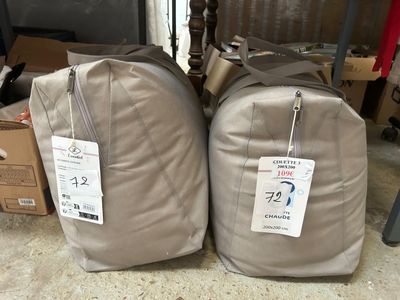 two bags of luggage sitting next to each other on the floor