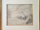 a picture of a painting of a man and a dog in a field