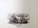 dessin représentant un cheval couché par terre dans un champ d'herbe