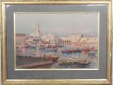 painting of a harbor scene with boats and a church in the background
