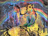 painting of a cat on a sunflower with a rainbow in the background