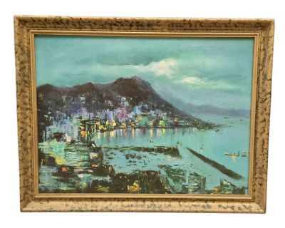 une peinture à l'huile représentant une vue d'un port avec des bateaux sur l'eau