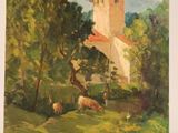 une peinture à l'huile représentant une maison dans un champ, avec des moutons au premier plan