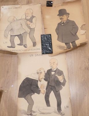 three pictures of a man in a suit and a man in a top hat on a table