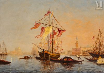 painting of a painting of boats in a body of water with a city in the background