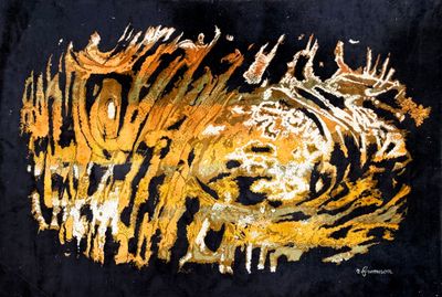peinture représentant un tigre sur fond noir, réalisée à la peinture dorée