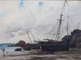 a painting of a boat on the beach by the water
