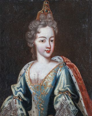un tableau représentant une femme en robe bleue, coiffée d'une couronne