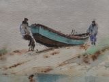 un tableau représentant un bateau sur une plage avec deux hommes