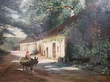 a painting of a man riding a horse drawn carriage down a road