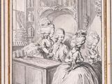 a drawing of a woman sitting at a table with two children