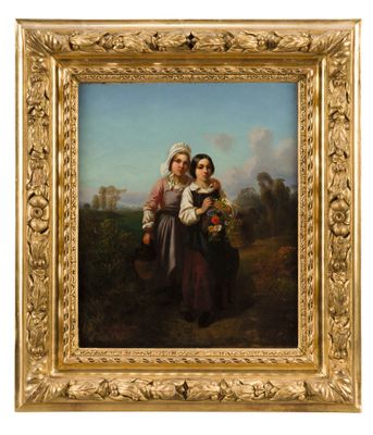 a painting of two young girls in a field with flowers