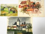 three watercolor paintings of a church, a church, and a village
