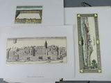 two old postcards of a city with a clock tower in the background