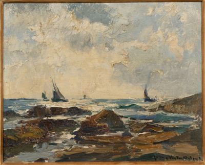 une image représentant un tableau de voiliers sur une plage rocheuse