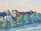 a watercolor painting of a castle on a hill